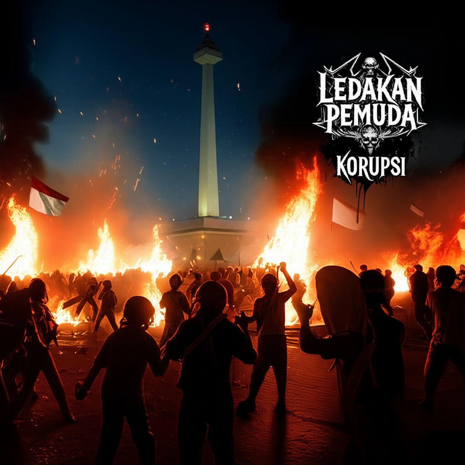 Korupsi album cover: a night riot in front of Jakarta's National Monument, silhouetted crowd and fires, Ledakan Pemuda logo top right